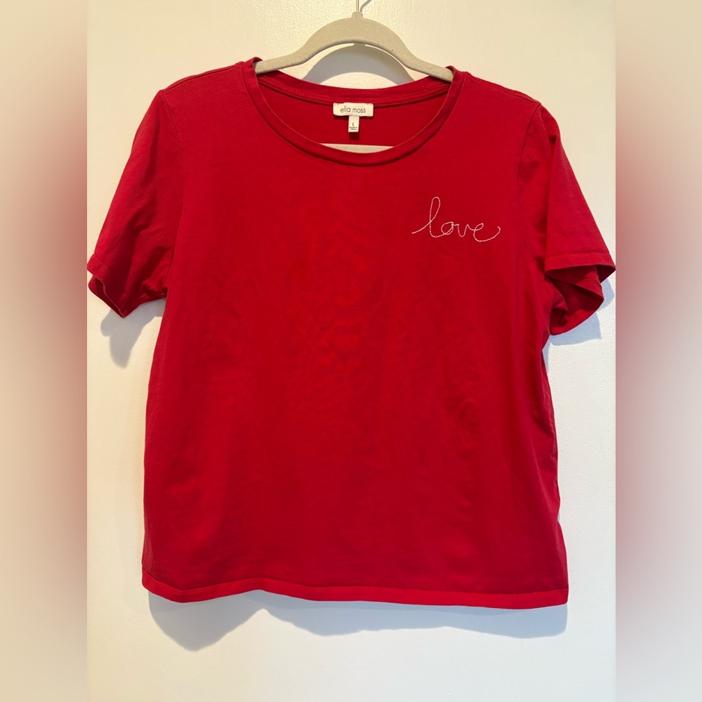 Ella Moss Vibrant Red Boxy Tee with “love” Embroidered. Size Large